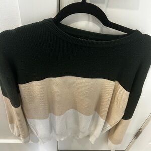 SHEIN Dark Green, Beige & White Colorblock Crewneck Sweater